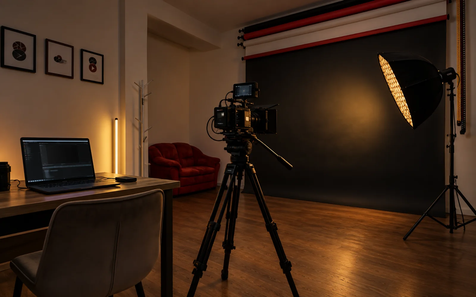 Set di produzione con videocamera e postazione di montaggio