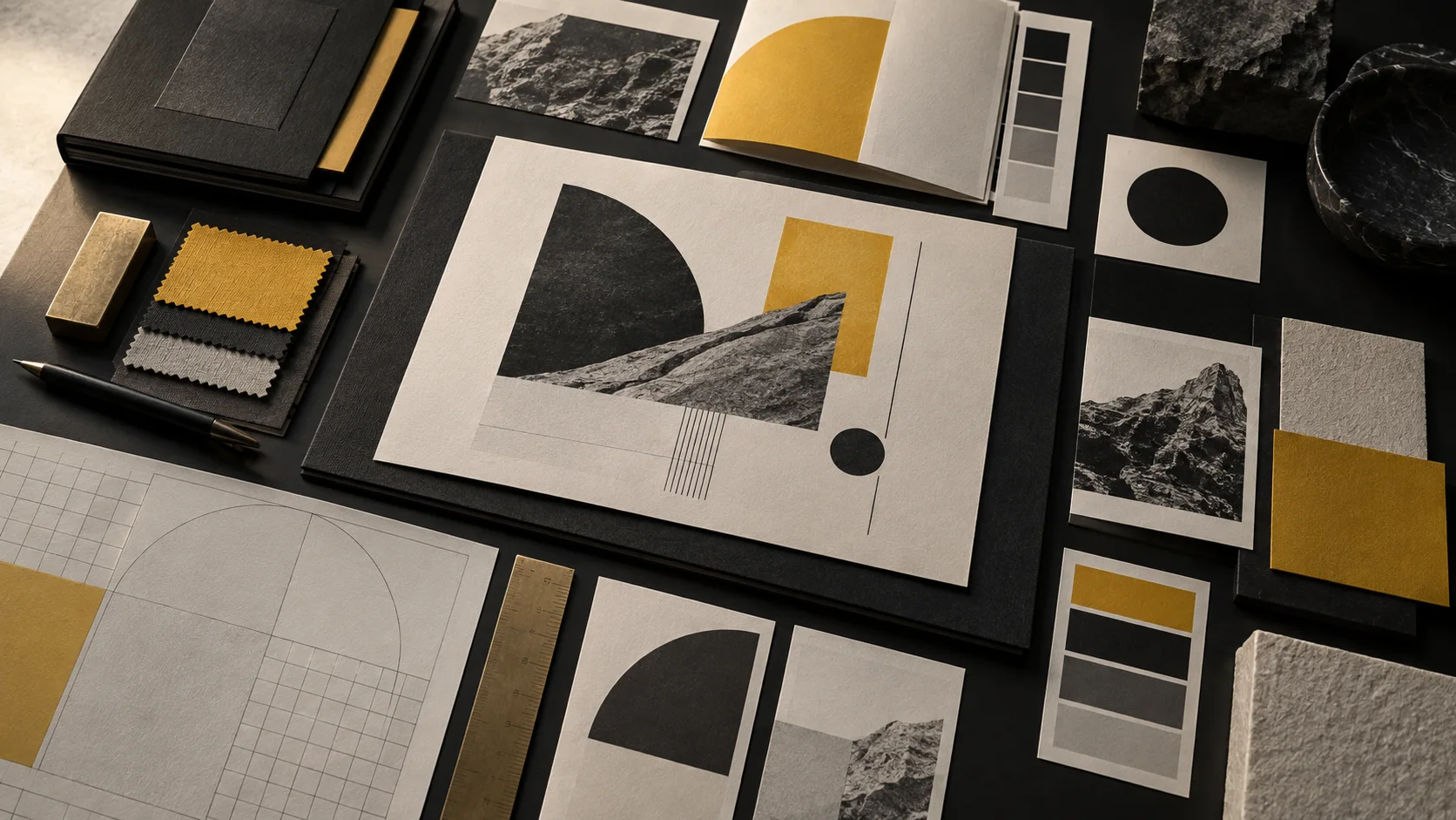 Composizione editoriale di carte, colori e materiali per la progettazione di una identità visiva