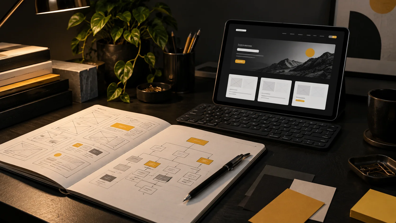 Wireframe e architettura di un sito web disegnati accanto a un tablet
